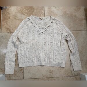 Sezane Cream V-Neck Cable Knit Sweater - cotton / lightweight